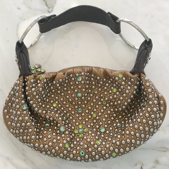 G SERIES BRONZE LEATHER CRYSTAL EMBELLISHED STUD CLUTCH BAG - Picture 6 of 16